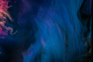 An electric blue and magenta nebula painting with tints and shades on a black background, creating...