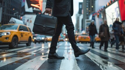 A man in a suit crosses a busy street in New York City.