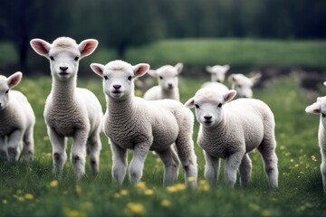 Fototapeta premium 'curious spring lambs teenage affectionate agriculture animal blue born care cattle cloud cute ear farm farming field friendly grass green infant innocent juvenile lamb look mammal maternal naive'