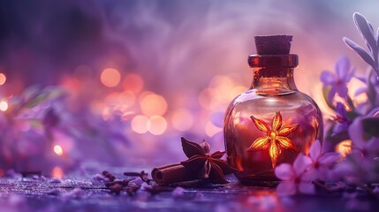 Obraz na płótnie Canvas A warmly glowing potion bottle, star anise and cinnamon suspended within, on a pastel lavender background, emphasizing magical healing
