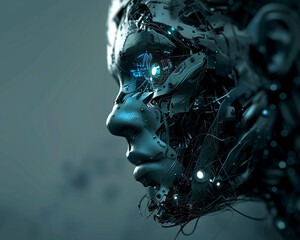 A highly detailed 3D rendering of a cyborg head and shoulders.
