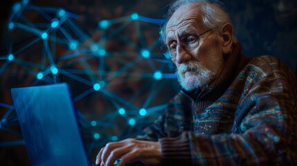 Obraz premium An elderly man wearing glasses is using a laptop computer.