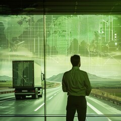 A man is looking out of a window at a truck on a road