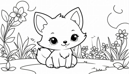 Cute fox in the clearing. Coloring book for little children with thick outlines