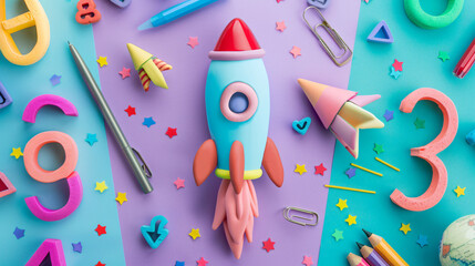 Rocket and numbers made of plasticine with stationery