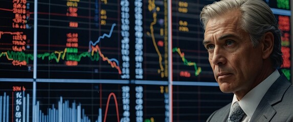 a businessman, his suit perfectly tailored and his posture commanding. He sits in front of a screen, his eyes focused on the intricate lines that represent the ever-changing stock market