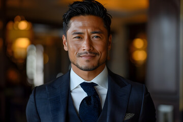 Stylish Business Man Posing in Indigo Suit and Bronze Tones