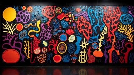 A vibrant largescale backdrop inspired by Matisses cutouts with abstract patterns in primary colors displayed on a solid black background for dramatic effect