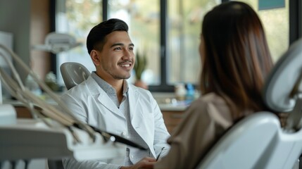 A young male dentist is conversing with a patient, a man, in a dentist chair in a dental clinic setting - Powered by Adobe