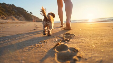 A woman smiling while walking hand in hand with her dog on a sandy beach by the sea