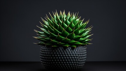 Closeup image of a succulent cactus with vibrant green spikes displayed against a smooth solid gray background for a minimalist look