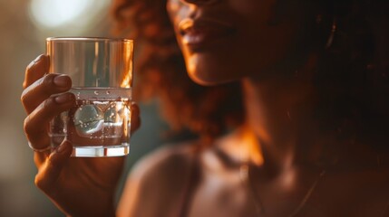 A closeup of a womans hand holding a glass of water