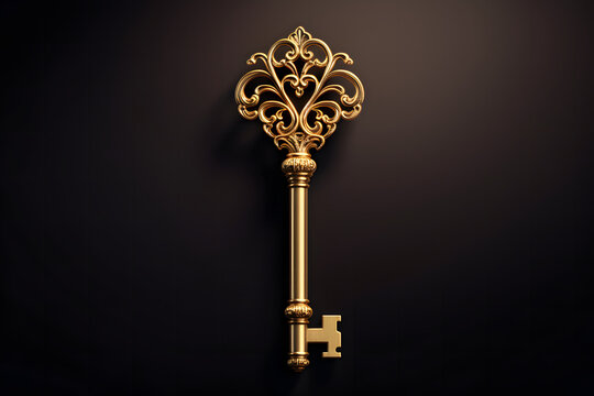 Vintage golden key on black background. 3d render illustration.