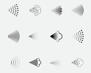 Spray icons set of aerosol or airbrush for water gas nozzle steam, perfume deodorant, graffiti paint. Sign shower drops, disinfection, cleaning.