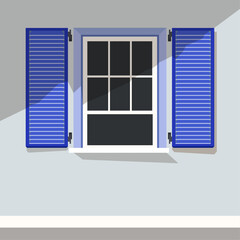 Vector illustration of house facade with open window and shutters