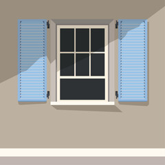 Vector illustration of house facade with open window and shutters