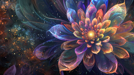 Cosmic blooms of iridescent petals, unfolding in a tapestry of light that whispers of timeless secrets.