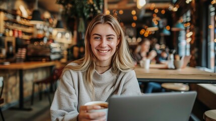 Beautiful woman using laptop at cafe. Young woman with coffee and laptop. Portrait of beautiful smiling woman sitting in a cafe with black laptop
