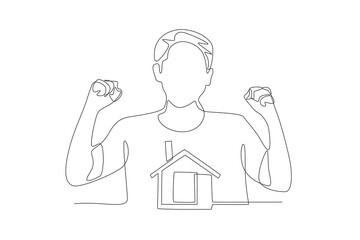 Happy man has bought a new house. Buy a new house concept one-line drawing