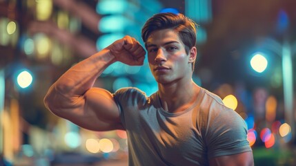 A young American man flexing his biceps on a city street at night, showcasing his muscles against the backdrop of urban buildings