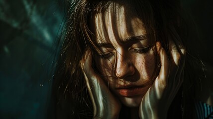 A dramatic shot of a woman in distress, taken from a high angle, as she holds her face with her hands