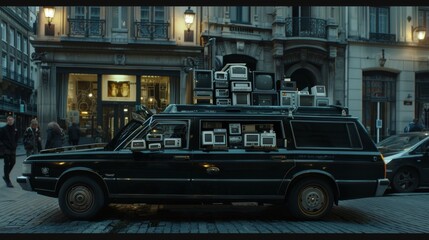 Car Loaded with Vintage Televisions in Urban Setting