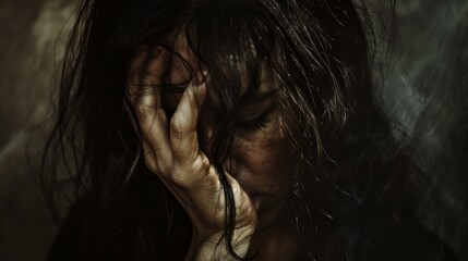 A dramatic high-angle shot of a distressed woman holding her head in her hands, hiding her face