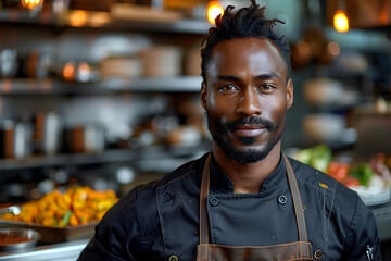 Fototapeta premium African American Chef Posing in Restaurant Kitchen