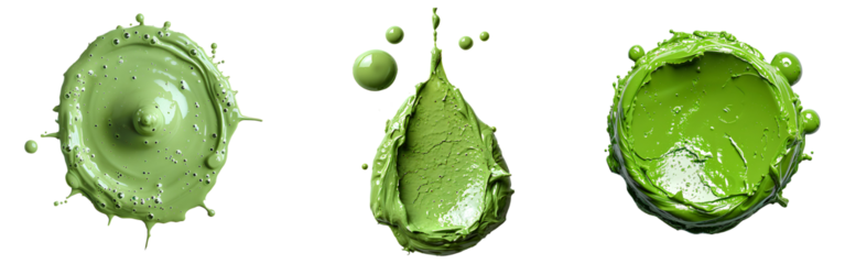Green paint drop set PNG. Drop of green paint PNG. Green liquid pigment splatter and explosion isolated. Green paint drop top view PNG