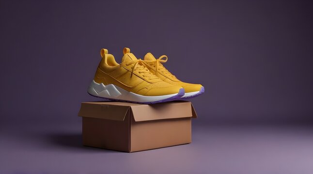 Yellow sneakers flying with carton box mockup copy space on purple background.generative.ai 