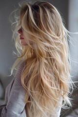 Naklejka premium Balayage Luxury: Trendy and Textured Long Blond Hairstyle with Beautiful Waves and Volume