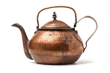 Copper Teapot Vintage Isolated on White Background - Old Antique Retro Kettle for Tea and Pot