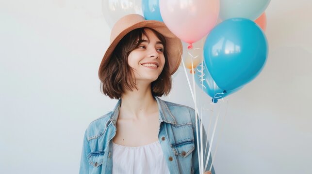 Confident Young Woman Holding XO Balloons and Smiling Happily Against White Background