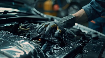 A mechanic wearing black and yellow gloves is cleaning the engine of a car with a rag.
