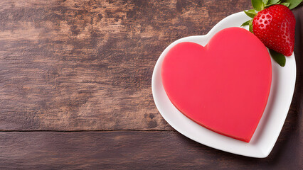 Red Heart-shaped Cake with Strawberrie on Dark Wood Table. Perfect for: Valentine's Day Celebrations, Romantic Dinners, Dessert Menus. Copy Space.