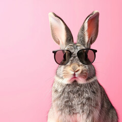 Cute funny bunny wearing sunglasses on color