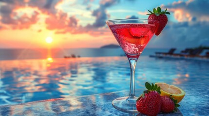 Summer cocktail with fresh fruit and berries in glass, luxury sea resort, hotel, landscape and...