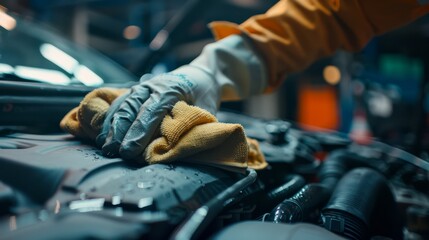A mechanic in yellow gloves is cleaning a car engine with a microfiber cloth.