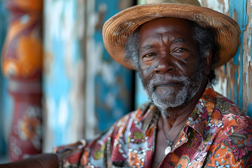 Fototapeta premium Elderly Man in Floral Hat with African-Inspired Textile Pattern