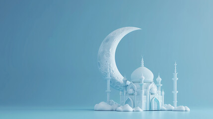 3d white moon with mosque ramadan islamic concept