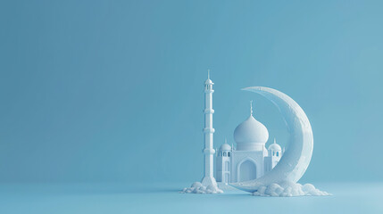 3d white moon with mosque ramadan islamic concept