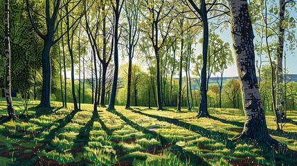 spring trees in the morning light oil painting illustration poster background
