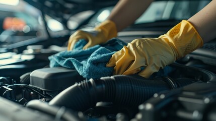 A close up of a mechanic's hands wiping down a car engine with a rag. - obrazy, fototapety, plakaty