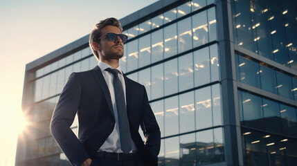 Fototapeta premium Young businessman standing in front of office building
