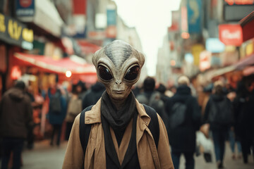 An alien in human clothing with a backpack among people on a busy street..