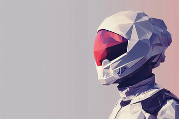 Front view of a stylized geometric astronaut helmet with red visor