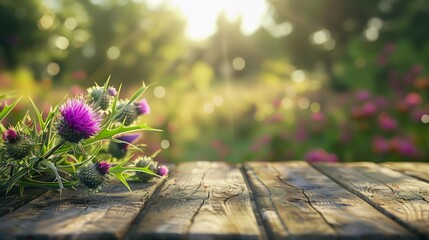 Flowers on a wooden table in the garden. Summer background. Generative AI.
