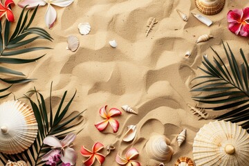 Top View of Beach Luau Party with Flay Lay Design. Copy Space with Sand, Seashells, Flowers - obrazy, fototapety, plakaty