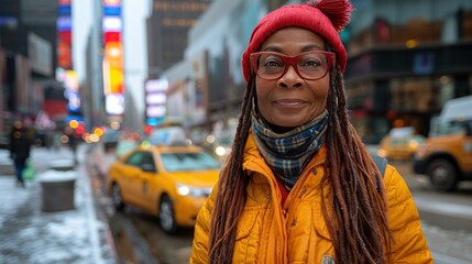Obraz premium Senior black woman dressed in bold hipster clothes, multicolored glasses, standing outdoor on city street and posing front the camera, AI generated image