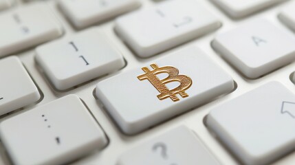 A white keyboard, one key with the golden Bitcoin symbol, close-up, 16:9